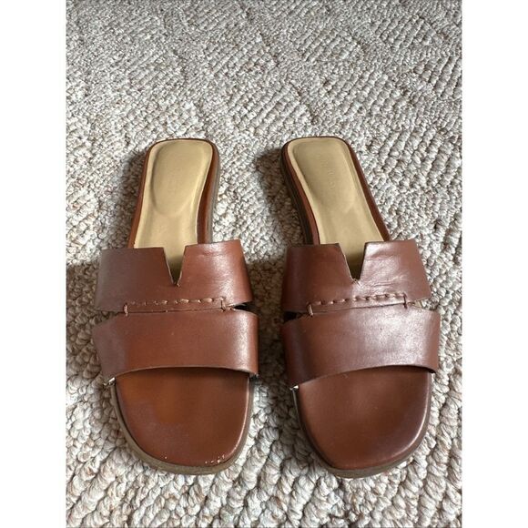 Nine West Womens Flats Sz 9 M Brown  Leather Slip On Slide Sandals - Picture 1 of 7